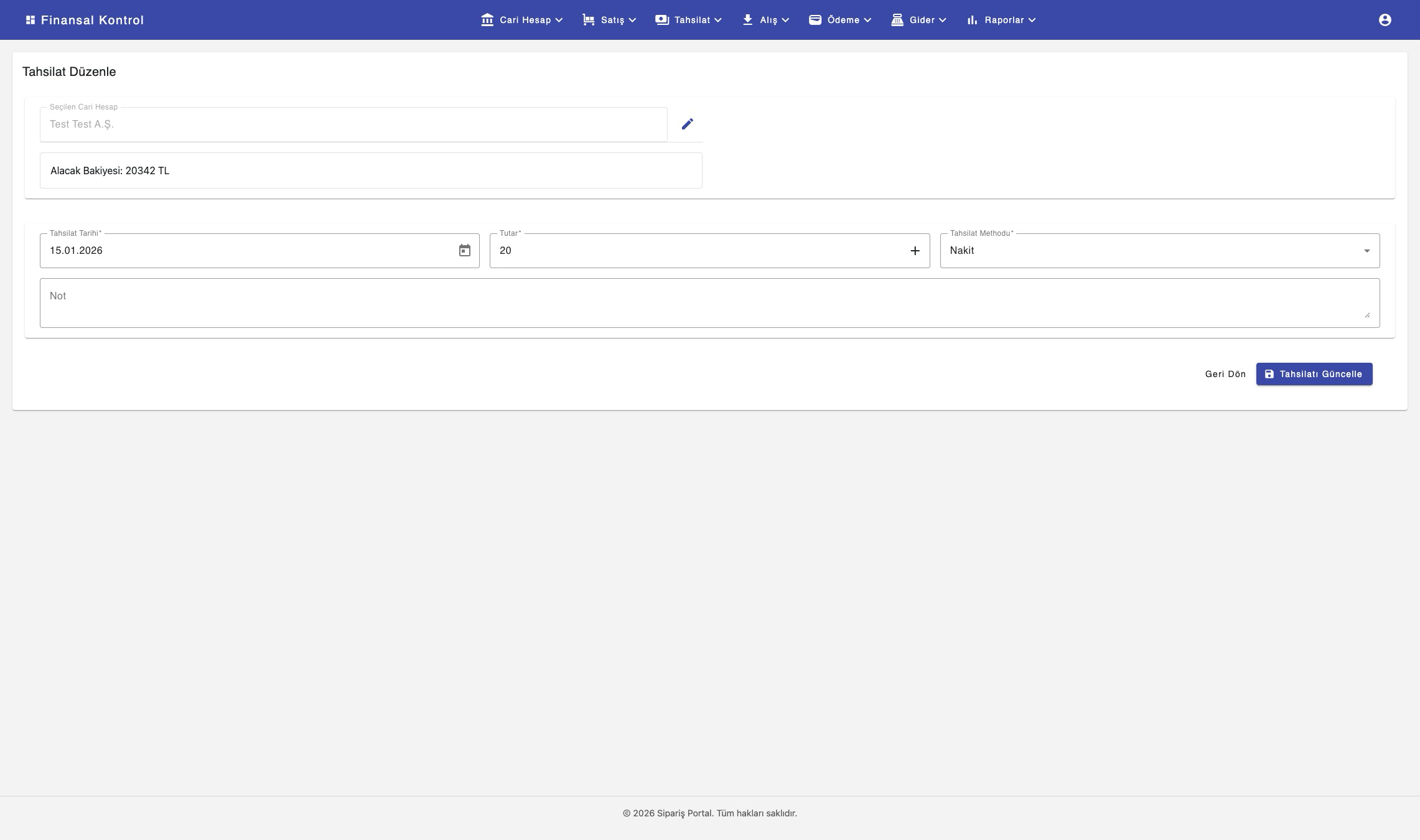 Tahsilat Kaydı ekranı